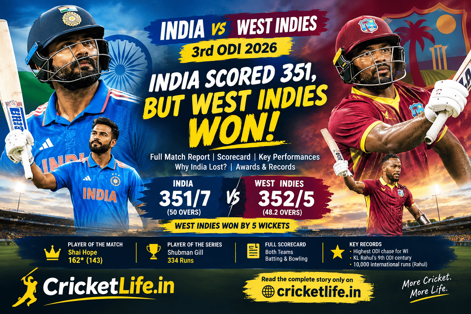 India vs West Indies 3rd ODI 2026 with Shai Hope 162 and KL Rahul 129